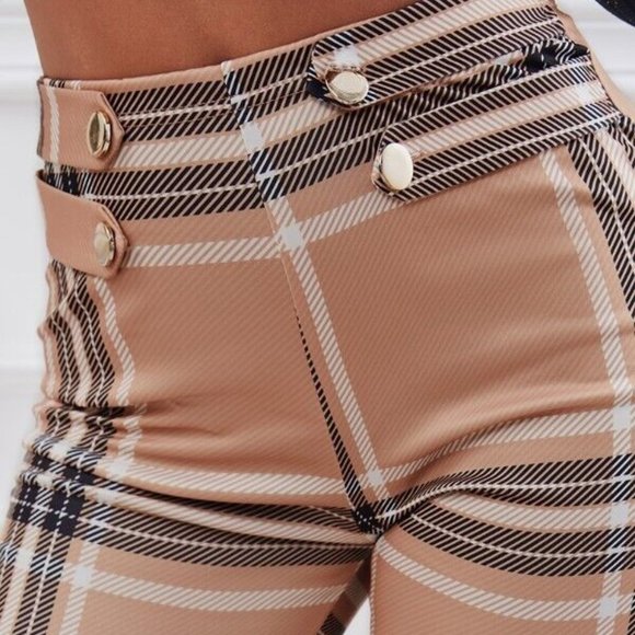 Women Dress Pants Small Brown Striped Print High Waist Leg Straigth Stretch Soft - Picture 7 of 16